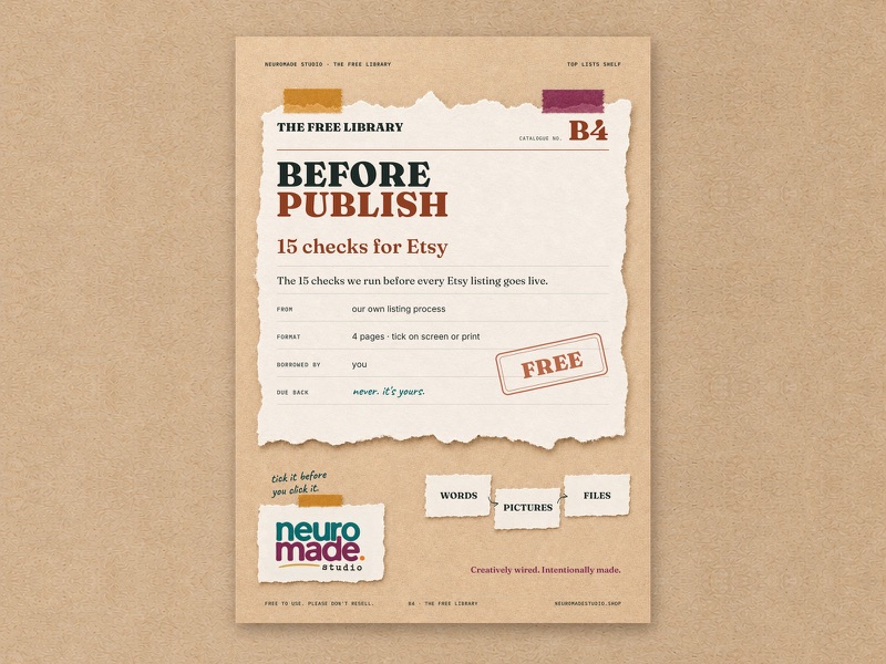 Cover of the free download 15 things to check before you press Publish on Etsy.