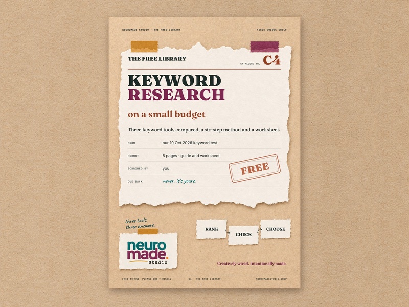 Cover of the free download Keyword research on a small budget.