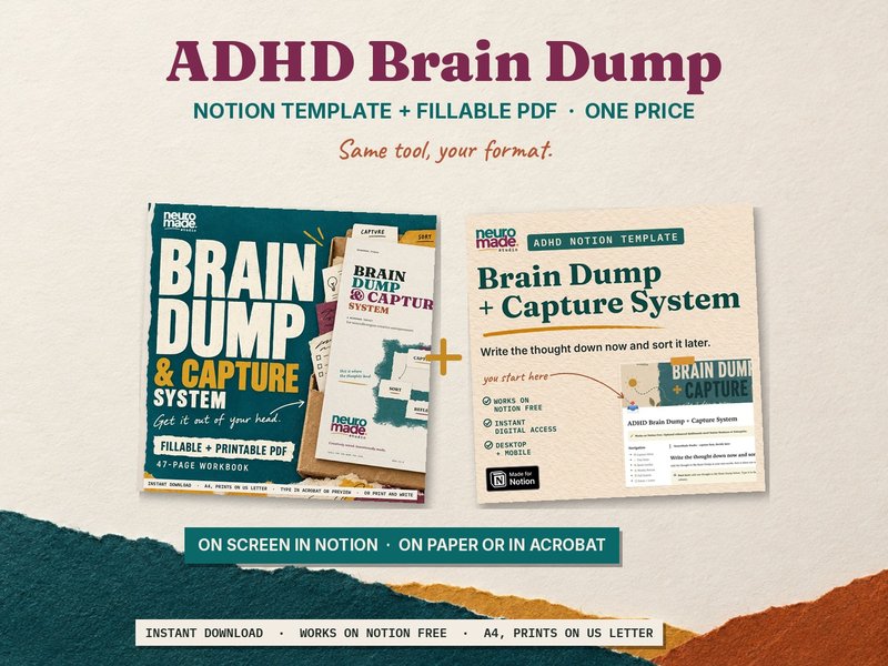 Brain Dump Notion + PDF by NeuroMade: the Notion template and the fillable, printable PDF workbook side by side, one price.