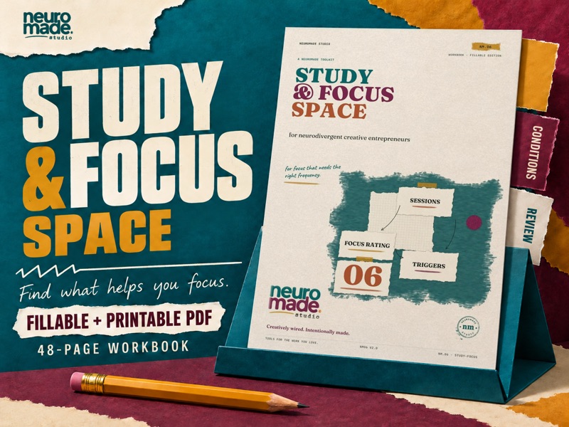 Study & Focus Space by NeuroMade. 48-page fillable and printable PDF, with the real portrait workbook cover in a tactile illustrated scene.