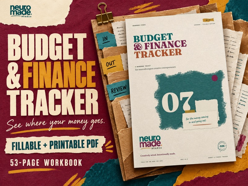 Budget & Finance Tracker by NeuroMade. 53-page fillable and printable PDF, with the real portrait workbook cover in a tactile illustrated scene.
