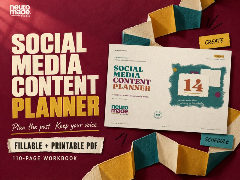 Social Media Content Planner by NeuroMade. 110-page fillable and printable PDF, with the real landscape workbook cover in a tactile illustrated scene.