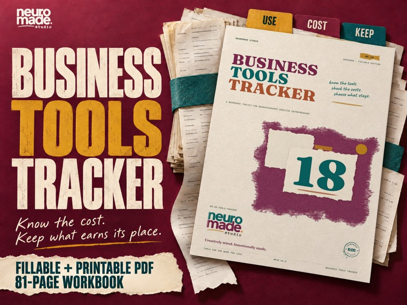 Business Tools Tracker by NeuroMade. 81-page fillable and printable PDF, with the real portrait workbook cover in a tactile illustrated scene.