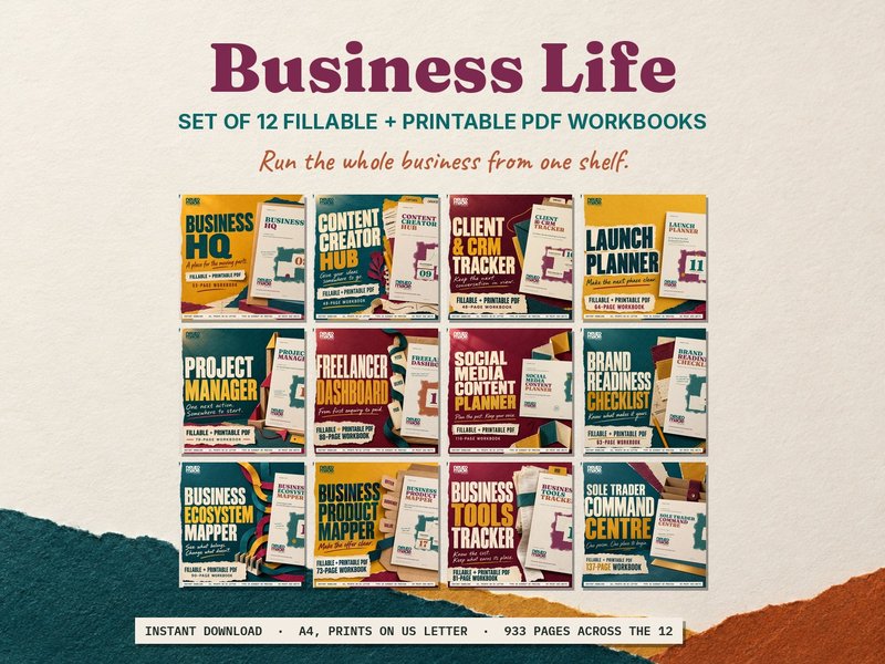 NeuroMade Business Life Set: twelve fillable and printable PDF business workbooks on one shelf, with each workbook cover.